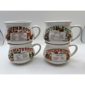 4 Vintage soup bowl recipe mugs chicken mushroom tomato onion Fine Porcelain